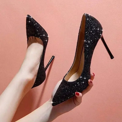 Large Size 2025 Stiletto High Heels Fashionable Sexy Sequins Banquet Professional Ladies Shoes High Heels Single Shoes