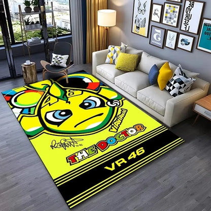 Motorcycle Racer The Doctor Carpet Mat Black Yellow Racing Track Living Room Rug with Number 46 Dynamic Design Home Decoration