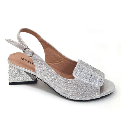 High Heels Shoes for Women Embroidery Rhinestone Italian Design Blue Color Pointed Toe Shoes and Bags Set Fashion