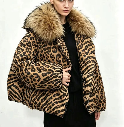 Autumn and Winter New Women's Down Jacket Loose Short Splicing Leopard Pattern Jacket