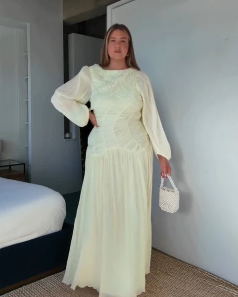 2026 Summer Women's Elegant Pleated Long Dress O-neck Loose Folds Lantern Sleeve Holiday Beach Commute Chic Vestidos