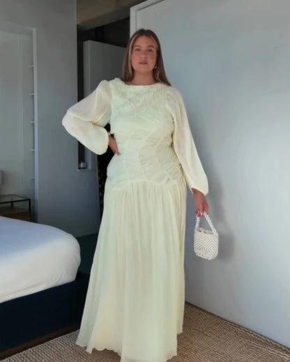 2026 Summer Women's Elegant Pleated Long Dress O-neck Loose Folds Lantern Sleeve Holiday Beach Commute Chic Vestidos