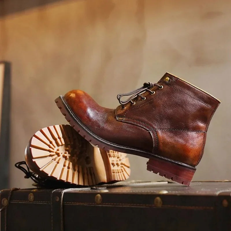 Fashion Men's Genuine Leather Motorcycle Boots British Brogue Shoes High-top Round Toe Mid-calf Chelsea Western Riding Boots