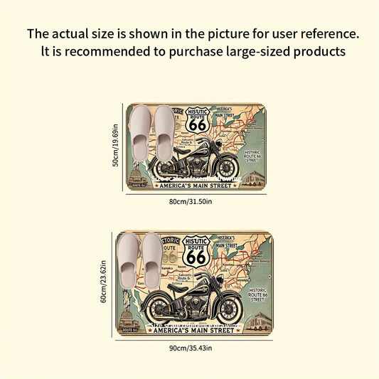 "Vintage Road Trip" Doormat – Classic Motorcycle & Map Design, Non-Slip & Machine Washable for Entryway or Home Decor
