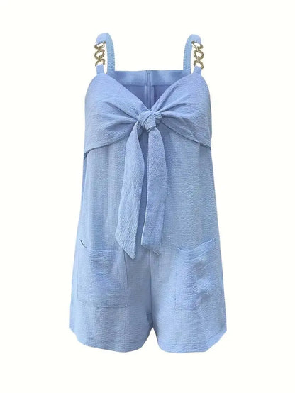 Women Summer Casual Short Rompers Elegant Solid Sleeveless Tie Knot Strap Jumpsuits Vintage Harajuku Loose Overalls with Pockets