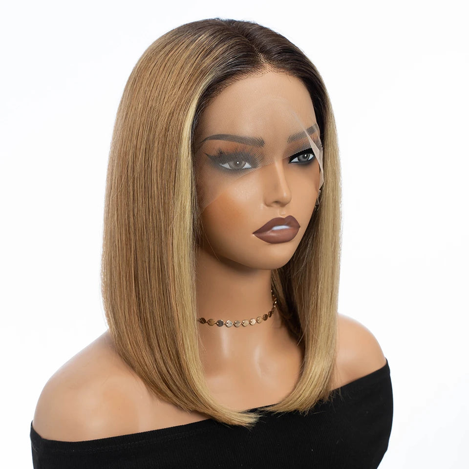 Sleek 13X4 Lace Front Brazilian Hair Wigs Brown Blonde Human Hair Wigs For Women 14 Inch Straight Bob Lace Wigs With 613 Hair