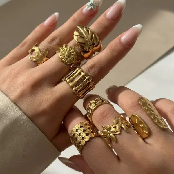 8Pcs/Set Vintage Pink Metal Flower Ring Set for Women Punk Elegant Baroque Pearl Knuckle Joint Ring Party Daily Wear Jewelry