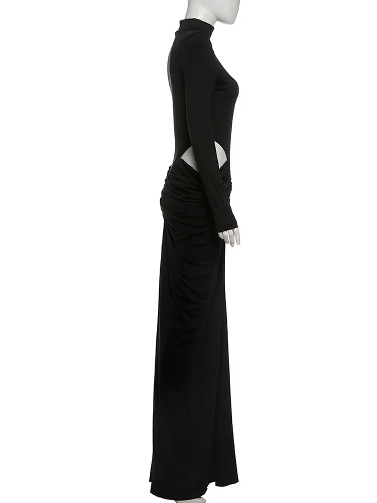 Nibber Hipster Waistless Ruched Elegant Dress Woman Autumn Style Turtleneck Full Sleeve Hollow Design Prom Party Long Bodycon