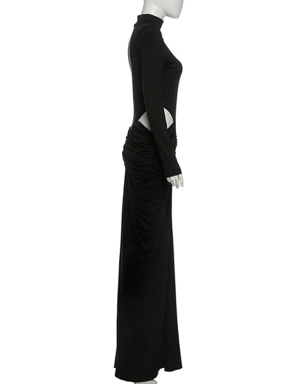 Nibber Hipster Waistless Ruched Elegant Dress Woman Autumn Style Turtleneck Full Sleeve Hollow Design Prom Party Long Bodycon