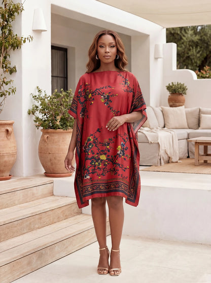 Summer New Fashion African Women's Printed Kaftan Dress  Elegant Boat Neck Loose Short Abaya Tunic, Oversize Kuwait Muslim Dress