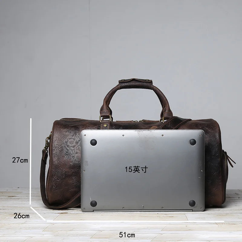 Vintage Embossed Tote High-Capacity Leather For A Short Trip Baotou Leather Belt Shoe Compartment Clothes Duffel Bag Gym Bag