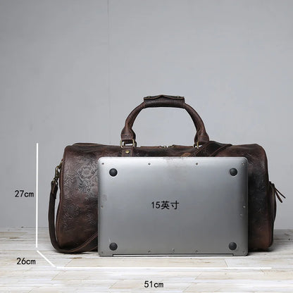 Vintage Embossed Tote High-Capacity Leather For A Short Trip Baotou Leather Belt Shoe Compartment Clothes Duffel Bag Gym Bag