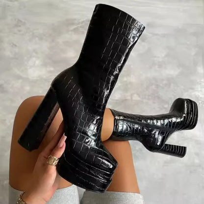Foreign Trade Women's Shoes Fashion Super High Heels Platform Short Boots New Chunky Heel Mid-calf Boots Casual Ankle Boots CD