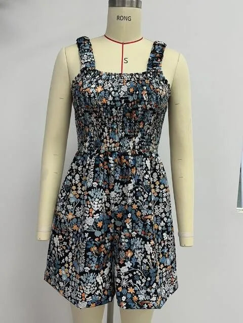 Ladies' Summer Casual Smocked Rompers Chic Square Neck Sleeveless Loose Shorts Jumpsuits Thin Bohe Style Beach Vacation Outfits