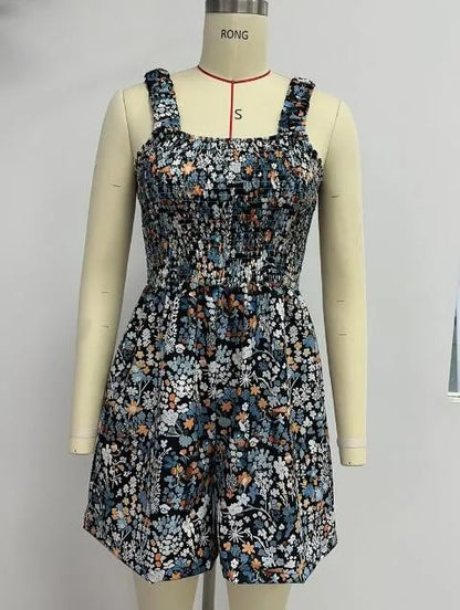 Ladies' Summer Casual Smocked Rompers Chic Square Neck Sleeveless Loose Shorts Jumpsuits Thin Bohe Style Beach Vacation Outfits