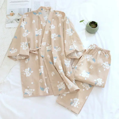 2026 new seven-sleeve Japanese-style kimono pajamas set female spring and autumn 100% cotton gauze home clothes cute sweet two-p