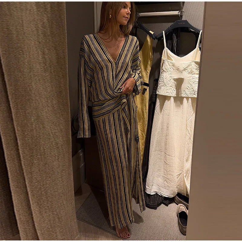 Multicolor Striped Shirt 2 Picec Set Button Front Blouse High Waist Flared Hem Maxi Skirt 2026 Summer Elegant Lady Vacation Suit