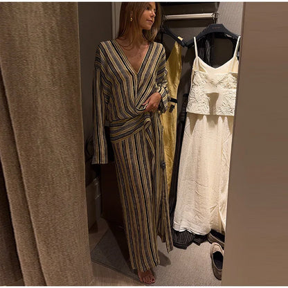 Multicolor Striped Shirt 2 Picec Set Button Front Blouse High Waist Flared Hem Maxi Skirt 2026 Summer Elegant Lady Vacation Suit