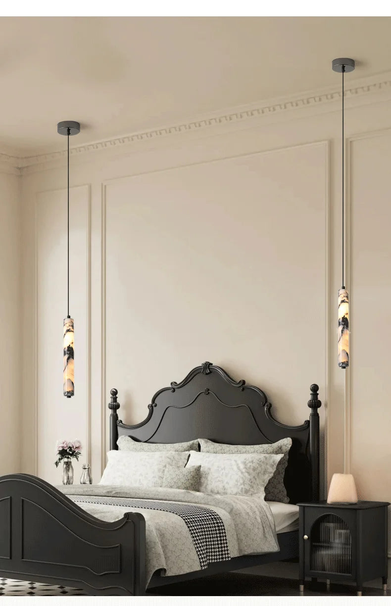 Luxury Black Cylinder Natural Stone Pendant Lamp High-end Bedside LED Chandelier Living Room Decoration Home Hanging Lights