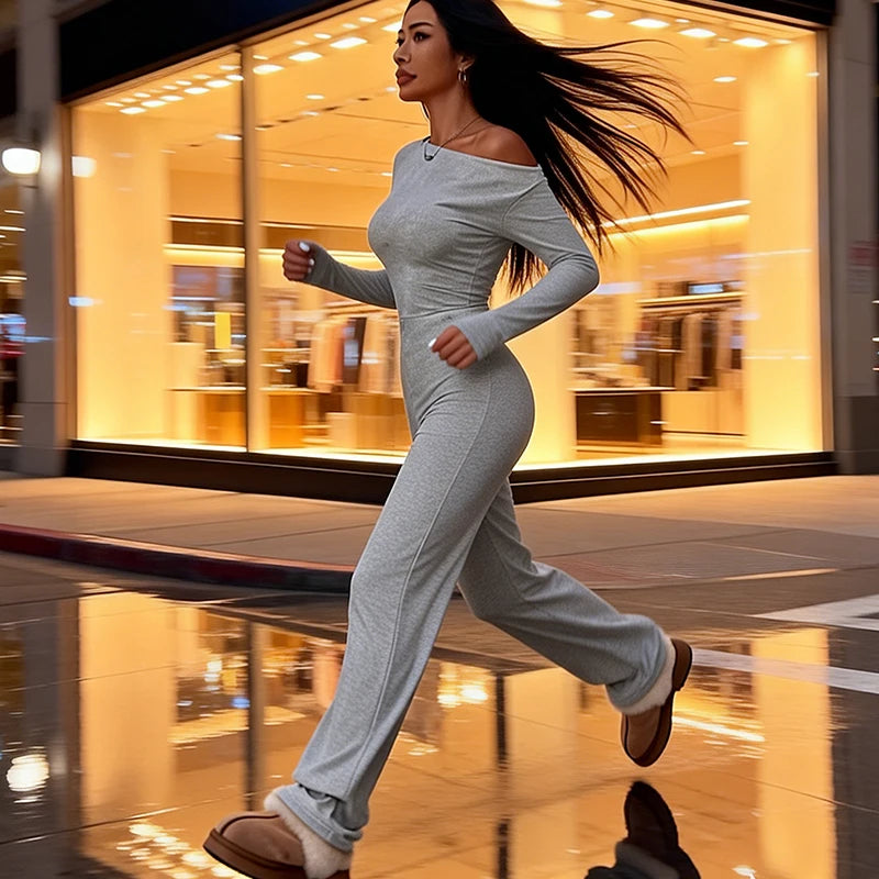 European American Autumn Fashion Casual Comfortable Slim Fit Sloping Shoulder Long Sleeved Women's Solid Color Long Jumpsuit
