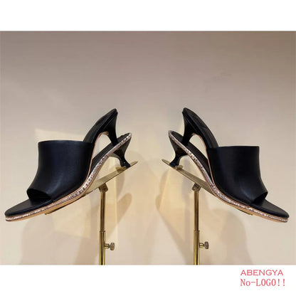 2025 Summer Leather High Heel Slippers Women Sandals Kitten Double Heels Mules Slides Designer Party Dress Shoes For Women