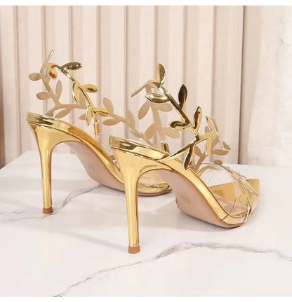 2026 Summer Fashion Patent Leather Gold Leaf Women Sandals Elegant Pointed Toe Thin High Heels Gladiator Sandalias Party Shoes