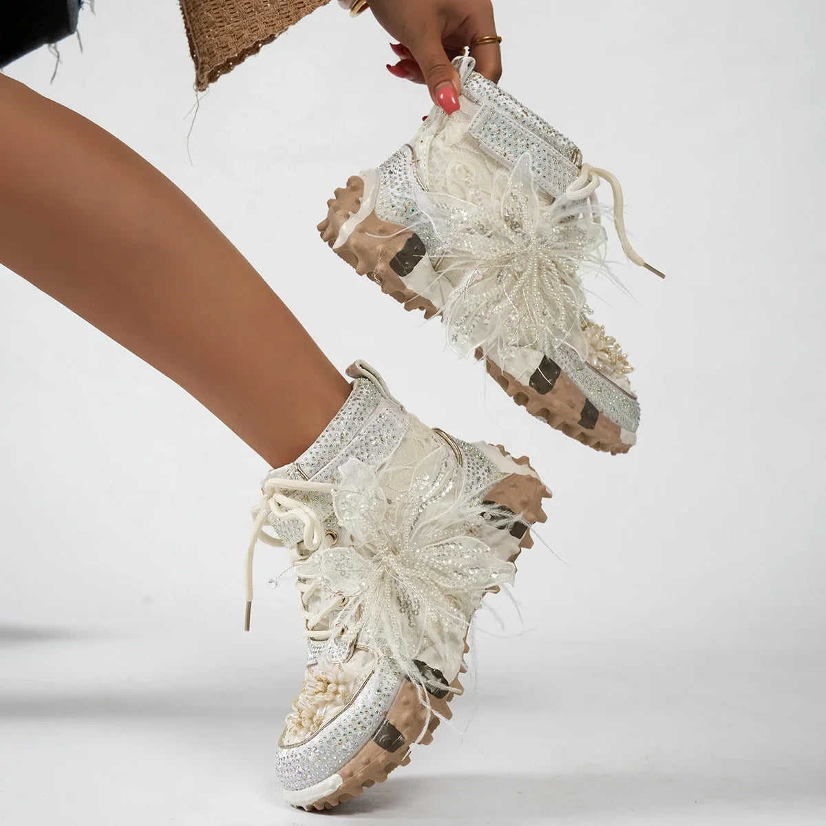 Womens Luxury High-top Sneakers Fashion Designer Rhinestone Ladies Shoes Outdoor Platform Female Anti Slip Sports Running Shoes