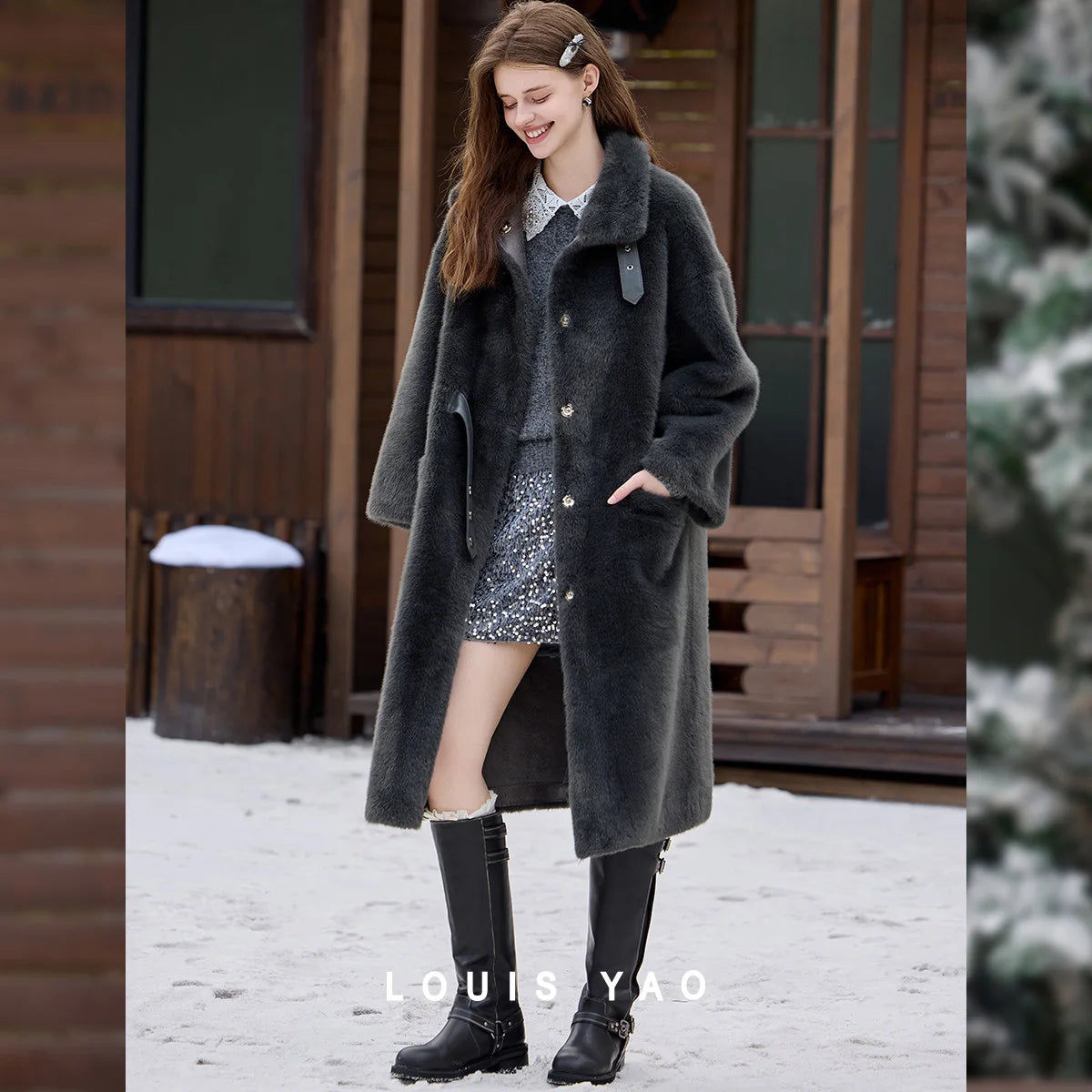 LOUIS YAO Stand Collar Faux Fur Women's Long Coat 2025 Winter Vintage Soft Faux Mink Chic Street Wear Long-Sleeved Warm Coat