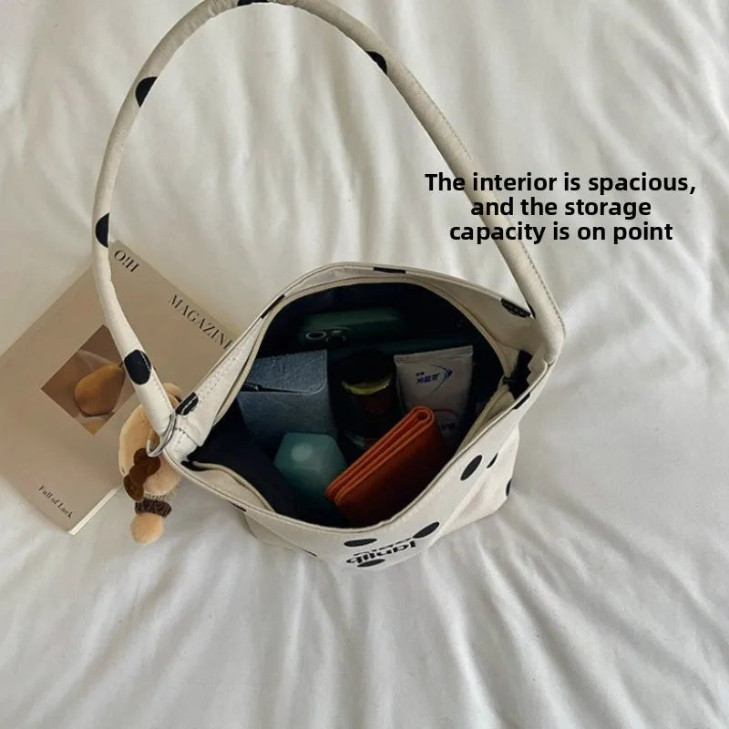 Korean Style Niche Linen Dot Shoulder Bag Women New Fashion Large Capacity Bucket Bag Casual Versatile Commuting Underarm Bag
