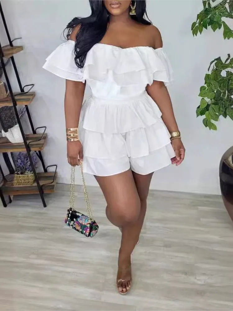 Women's Jumpsuits Elegant Women Playsuit Sexy Off Shoulder Ruffles Slim Short Jumpsuit 2025 Summer Fashion Ruffle Rompers Female