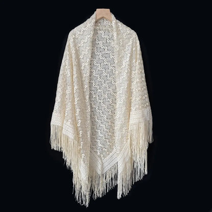 Versatile 140×140cm Lace Shawl Elegant Hollowed-out Design Knitted Shawl Breathable Tassel Shawl for Women
