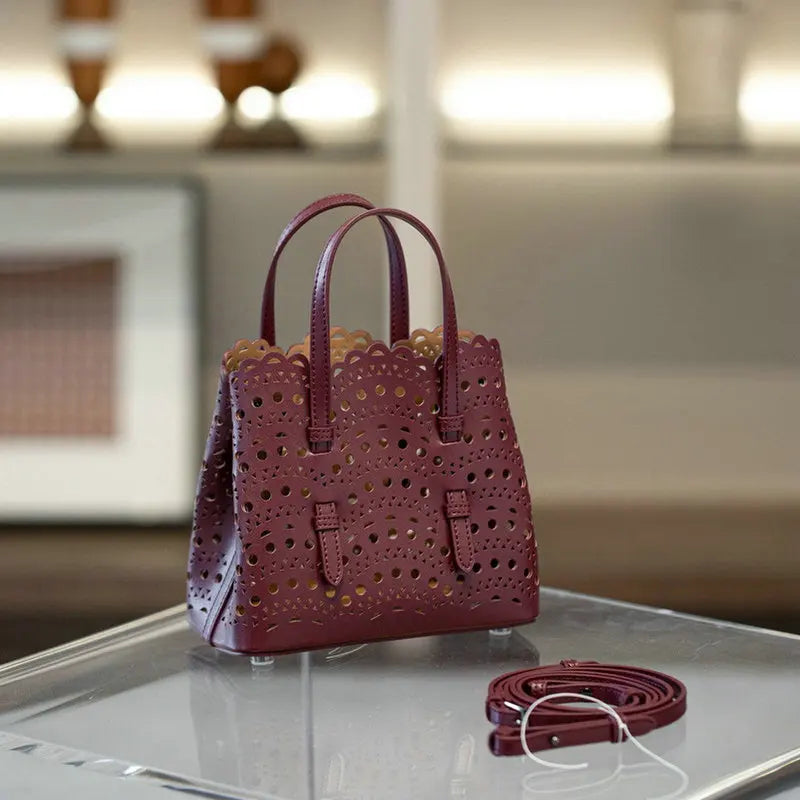 Brand Designer Luxury High Quality Mini Cowhide Shoulder Handbags 2025 Hollow Fashion Large Capacity Genuine Leather Bucket Bag