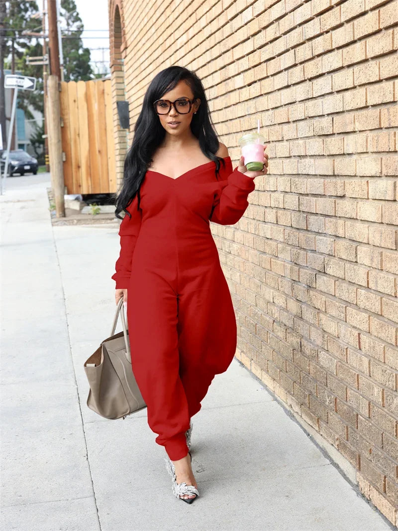 Doyerl Autumn Winter Solid Jumpsuits for Woman Long Sleeve Romper Sexy Off the Shoulder V-neck One Pieces Overalls Combinaison