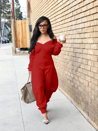 Doyerl Autumn Winter Solid Jumpsuits for Woman Long Sleeve Romper Sexy Off the Shoulder V-neck One Pieces Overalls Combinaison