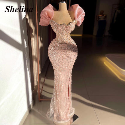 Shelina Fancy Tulle Prom Dresses for Women Off the Shoulder Rhinestones Sheath Slit Formal Party Robes De Soiree Customized