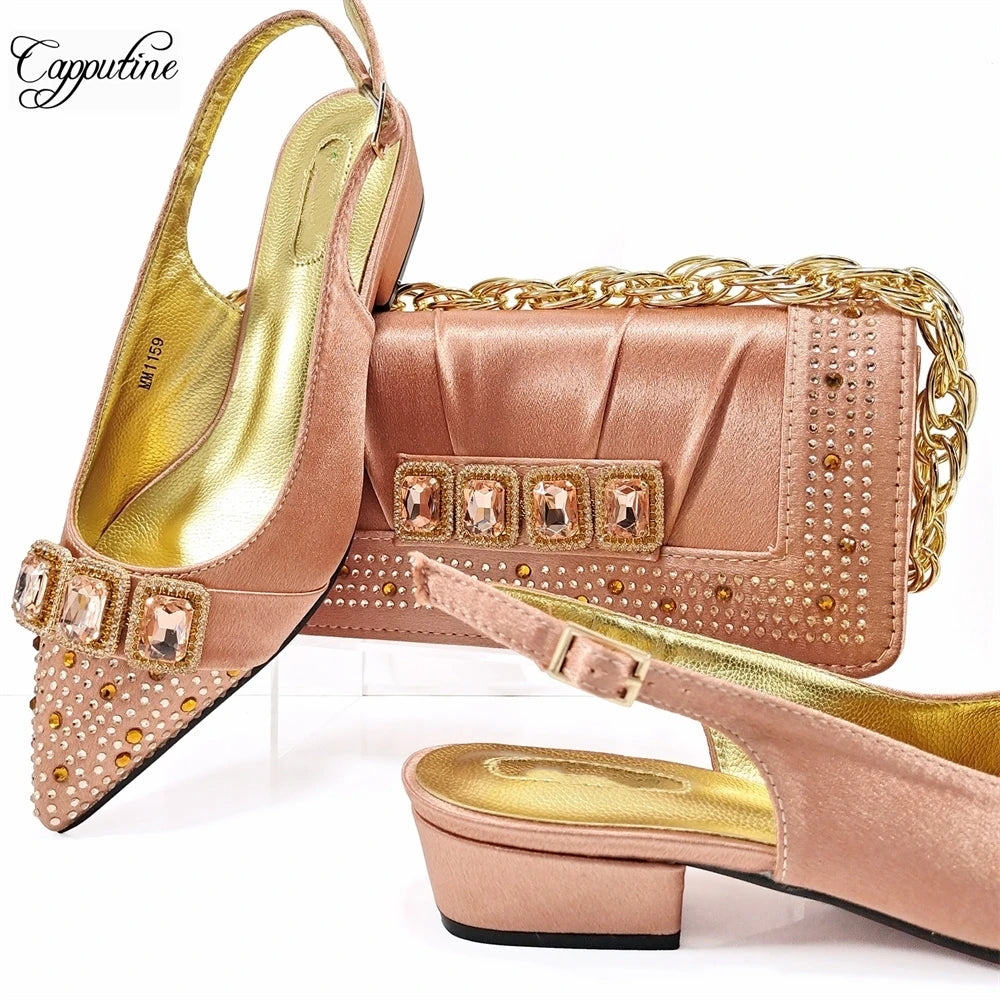 Peach Women Shoes And Bag Set Luxury African Ladies Sandals Match With Handbag Clutch Medium Heels Pumps Sandales Femmes MM1159