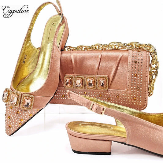 Peach Women Shoes And Bag Set Luxury African Ladies Sandals Match With Handbag Clutch Medium Heels Pumps Sandales Femmes MM1159