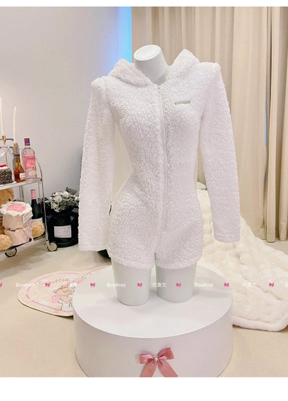 Pink Rabbit Hooded Fluffy Jumpsuits Sweet Zipper Long Sleeve Solid Color Rompers Flannel Onesie Shorts Pajamas Loungewear