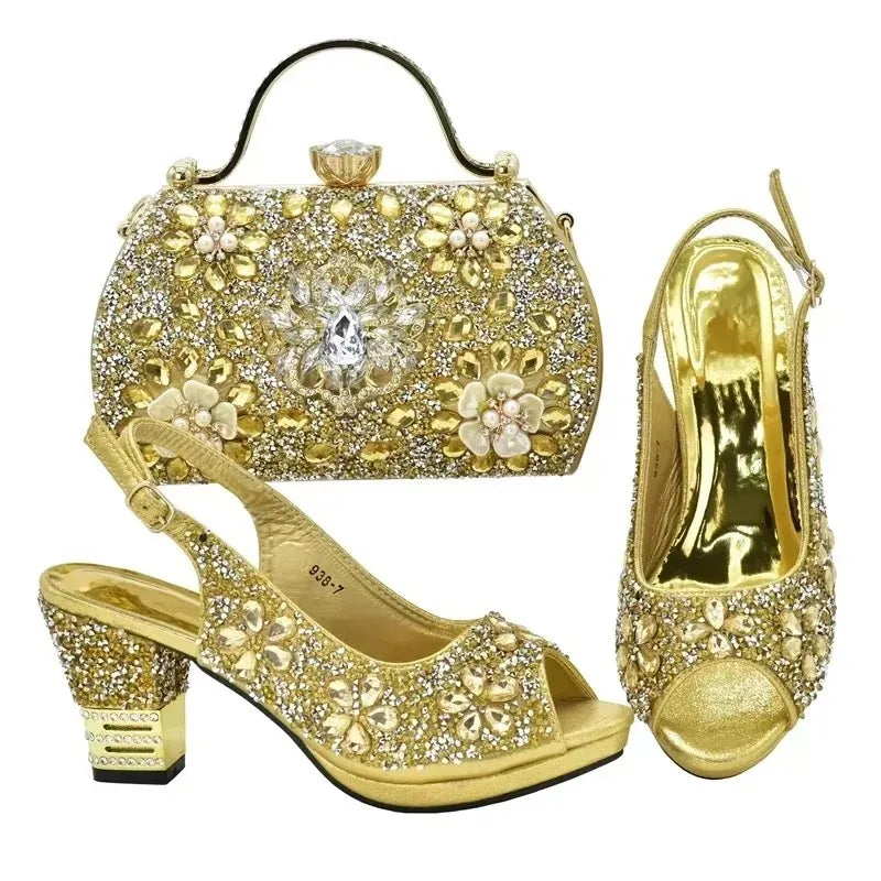 Italian Shoes and Bags Matching Set with Rhinestone Plus Size Shoes Luxury Italian Shoe and Bag Set 2025 Wedding Shoes Bride