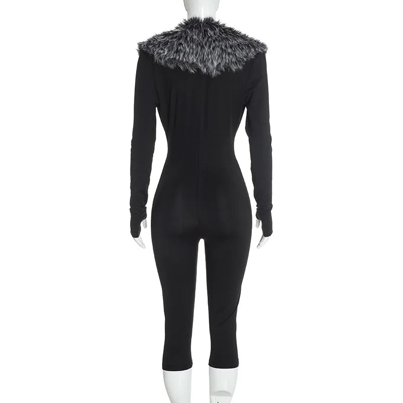 FAGADOER Women Bodycon One Piece Jumpsuit Faux Fur Patchwork Trim Deep V Long Sleeve Stretch Slim Fit Sexy Streetwear Outfit New