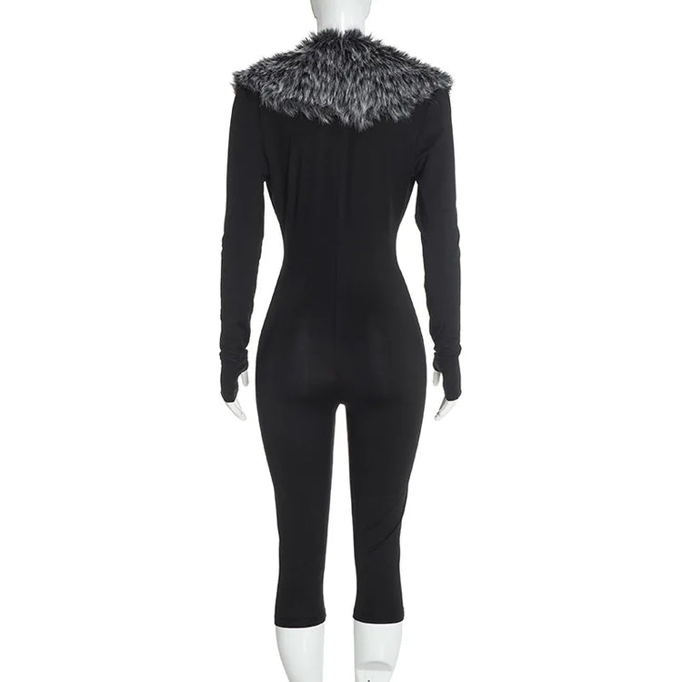 FAGADOER Women Bodycon One Piece Jumpsuit Faux Fur Patchwork Trim Deep V Long Sleeve Stretch Slim Fit Sexy Streetwear Outfit New
