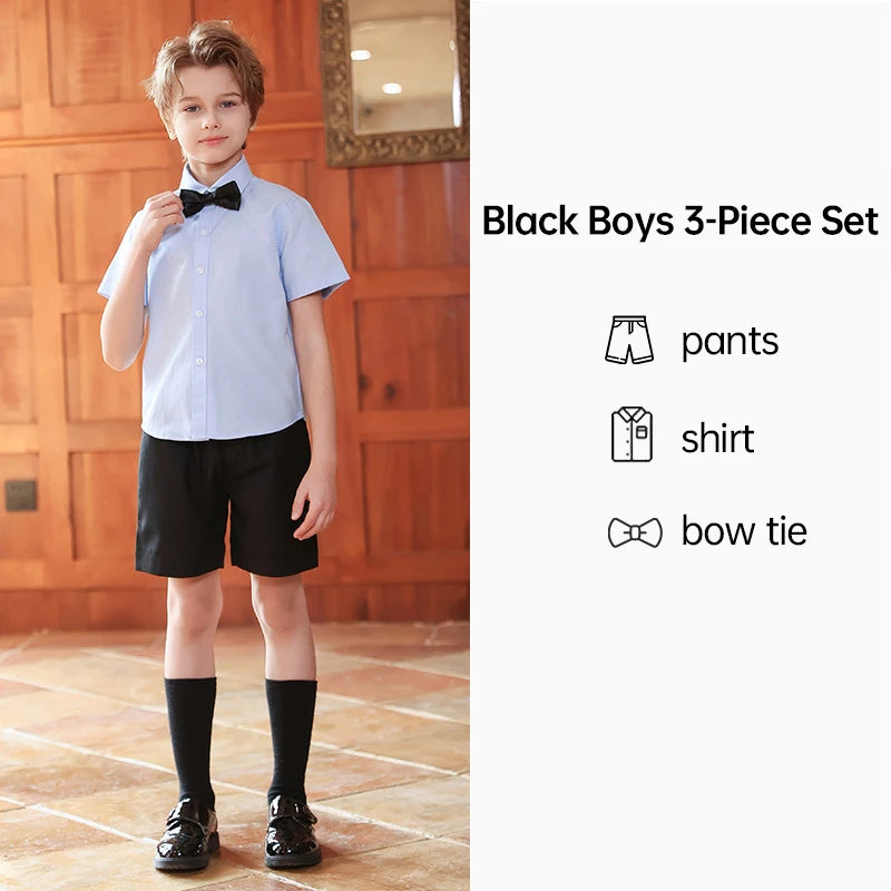 Girl Summer Evening Dresses Kindergarten School Uniform Boys Shirt Shorts Bowtie Wedding Suit Children Performance Costume