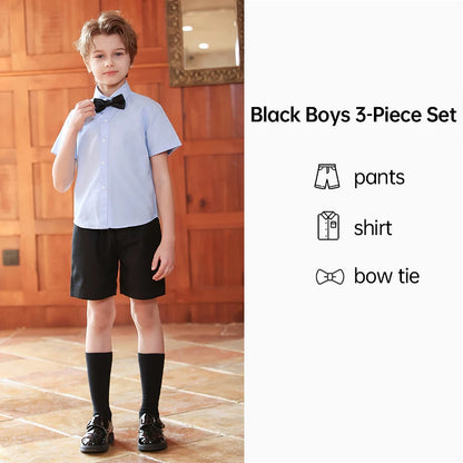 Girl Summer Evening Dresses Kindergarten School Uniform Boys Shirt Shorts Bowtie Wedding Suit Children Performance Costume