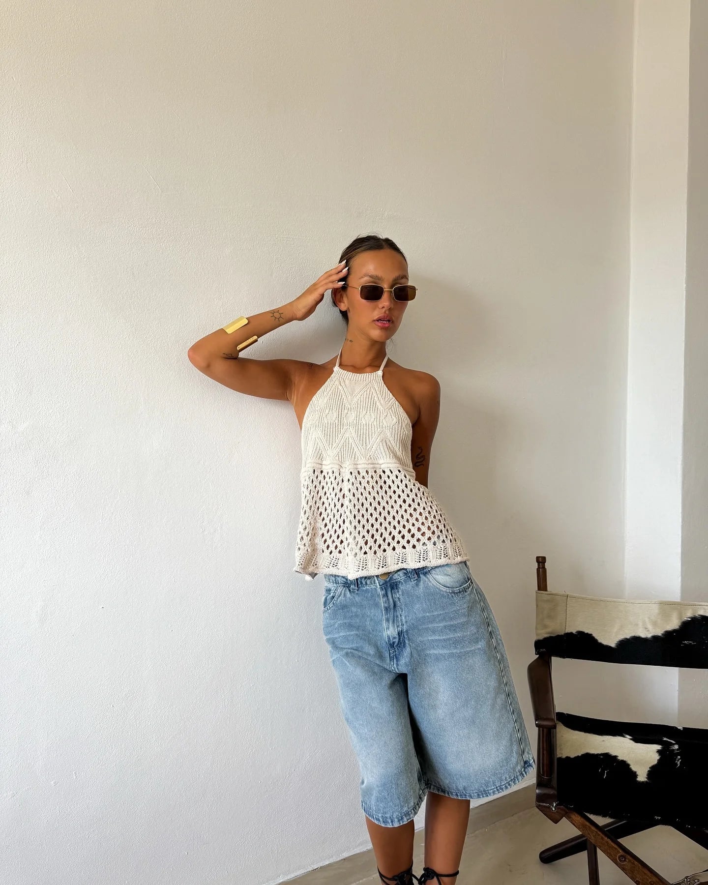 2026 New Style Women's Sleeveless  Knitted Halter Top, with Open Slit and Crochet Mesh Geometric Texture Sleeveless Draping Loose Top, Shipped from American Warehouse, Fast Delivery, Bohemian Style for Spring and Summer Outfi