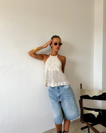 2026 New Style Women's Sleeveless  Knitted Halter Top, with Open Slit and Crochet Mesh Geometric Texture Sleeveless Draping Loose Top, Shipped from American Warehouse, Fast Delivery, Bohemian Style for Spring and Summer Outfi