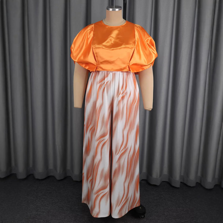 Plus-size Fashion Women's Outfit: Orange Puff-sleeve Short Top + Gradient Striped High-waisted Wide-leg Drapey Long Pants Set
