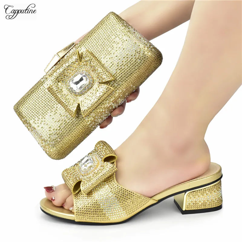 Green Women Shoes And Bag To Match Fashion African Summer Slippers With Clutch Handbag Set Pantoufle Femme Pantofole 938-43 5CM