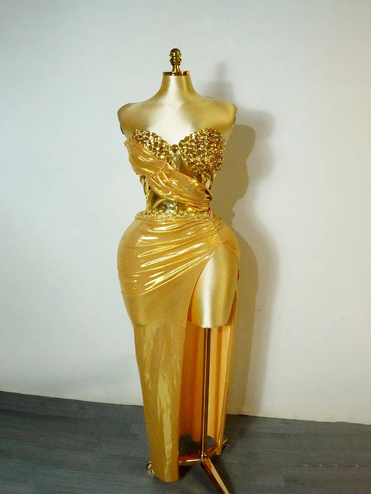 Woman Performance Suit Sexy Pink Backless Strapless Rhinestones Dress Event Costume Dancewear Top And Skirt Birthday Drag Club