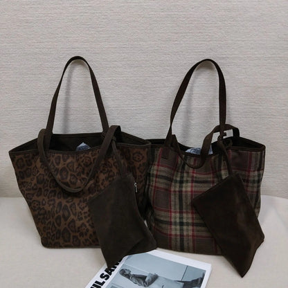 Autumn winter Women's Bag Large-capacity New Vintage Versatile Fashion  Wool Plaid Tote Student Simple Casual Daily