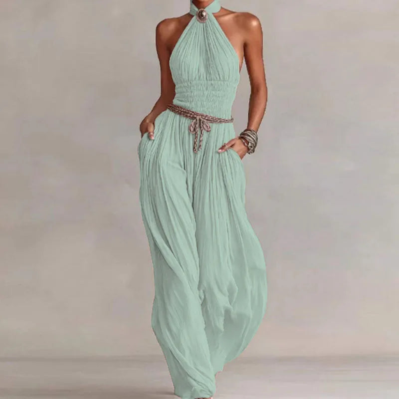 Bohemian Halter Hollow Vacation Jumpsuit Spring Solid Backless Pleated Women's Rompers Summer Sleeveless Wide Leg Pants Overalls